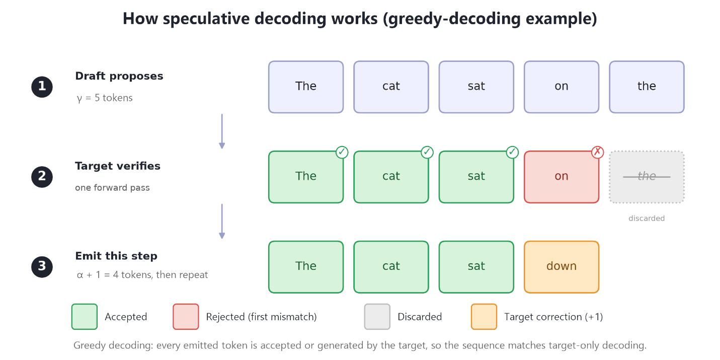 Greedy speculative decoding proposal and verification flow